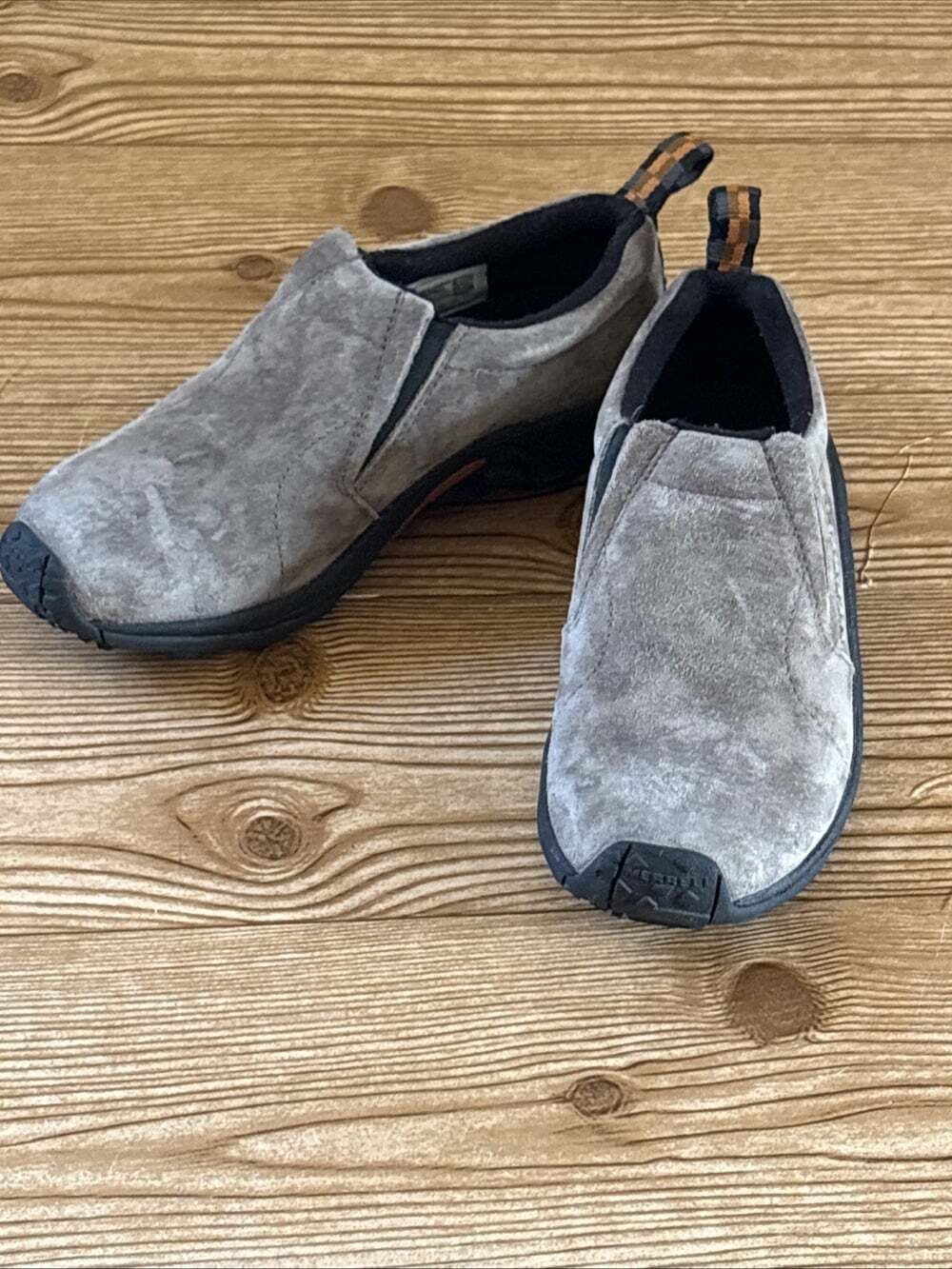 Merrell Women's Jungle Mocs Suede GUNSMOKE Trail Shoes Size 7Wide Gray Beige